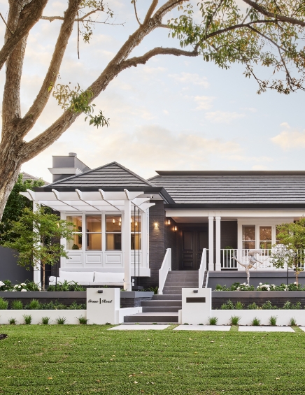 Elegant suburban house exterior with landscaped garden.